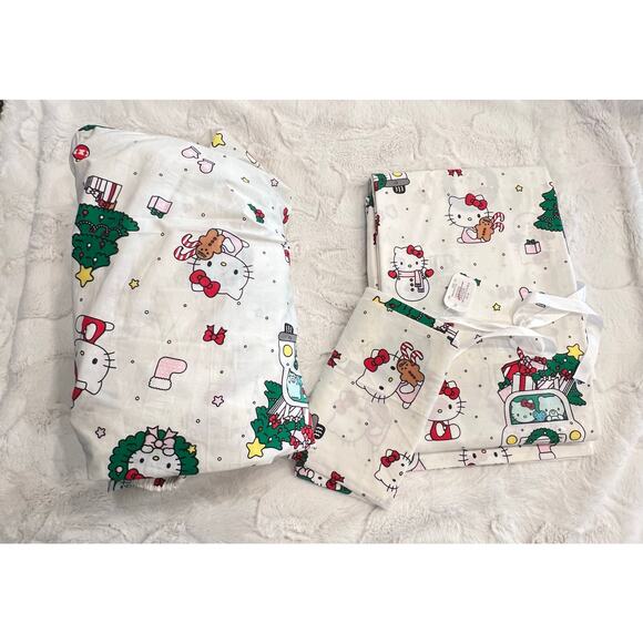 NEW Pottery Barn Teen Hello Kitty Christmas TWIN Organic Cotton Sheet Set Winter - Picture 2 of 5